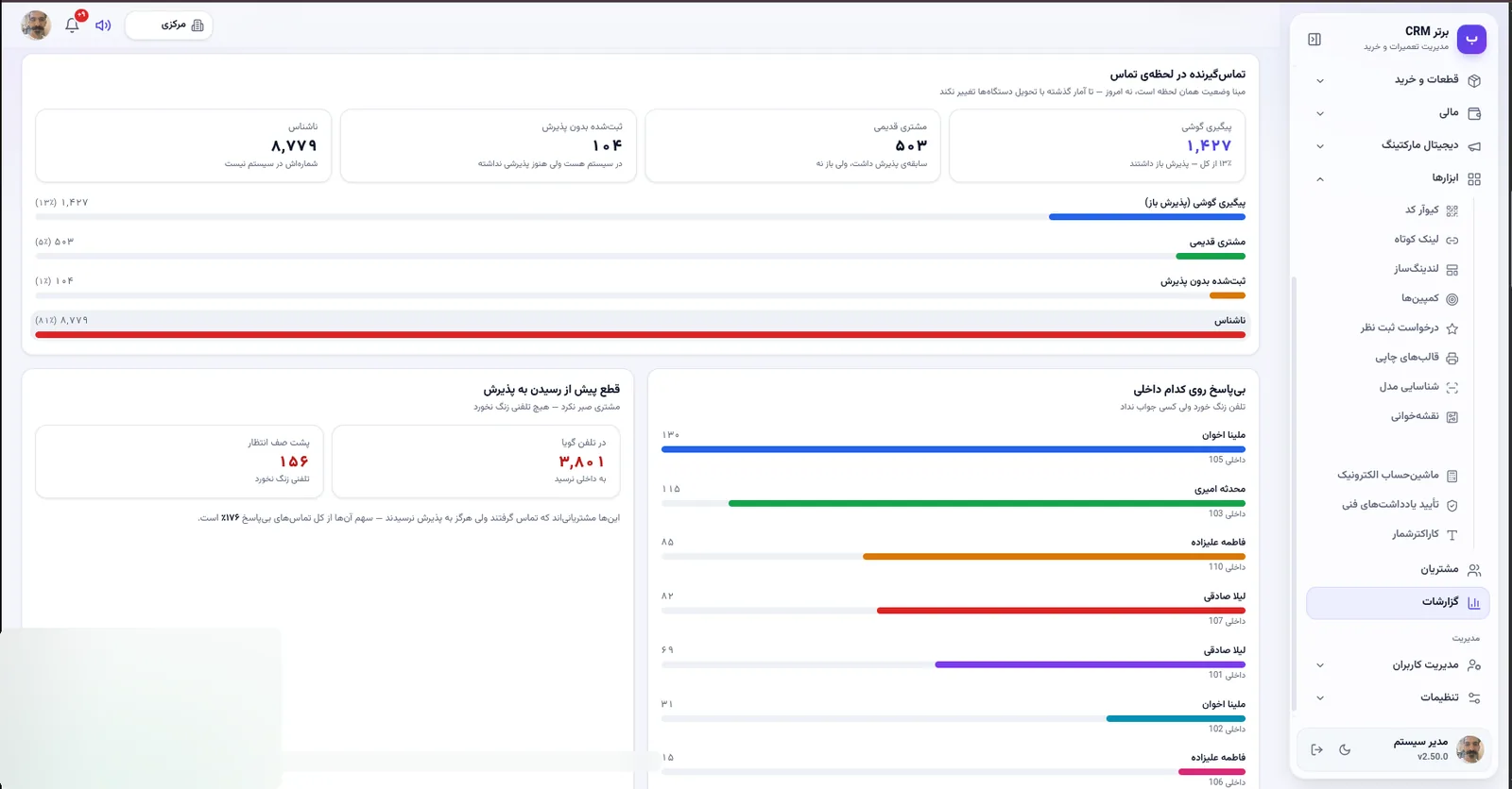 تماس گیرنده در لحظه تماس در نرم افزار مدیریت تعمیرگاه رو به راه